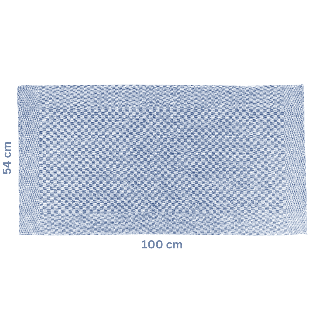Blau kariertes Geschirrtuch mit beschrifteten Maßen von 54x100 cm.