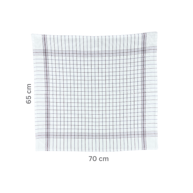 Kariertes Geschirrtuch mit eingezeichneten Maßen von 65 cm x 70 cm.