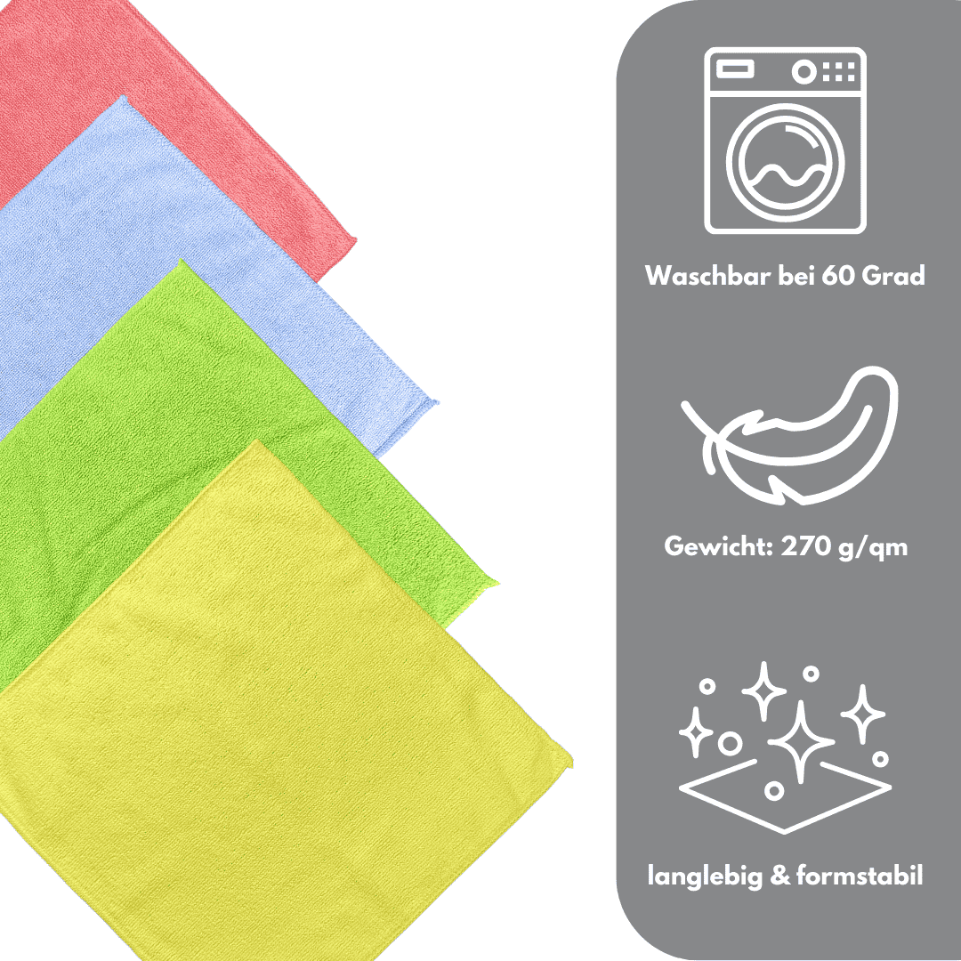 Set aus farbigen Mikrofasertüchern (270 g/m²), waschbar bei 60 Grad, langlebig und formstabil.