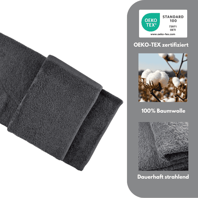 Handtücher in dunkelgrau mit OEKOTEX Zertifizierung, Stoff und die strahlende Eigenschaft.