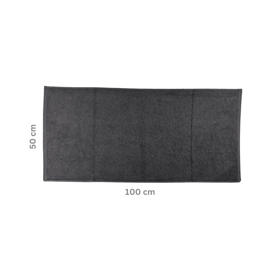 Dunkelgraues Handtuch mit beschrifteten Maßen von 50 cm x 100 cm.