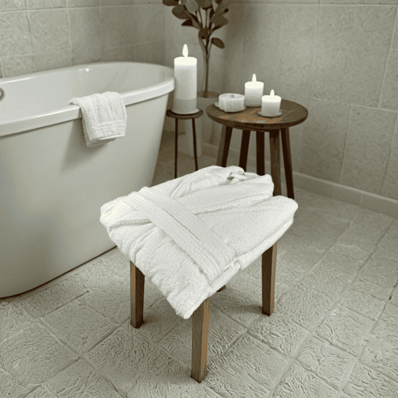 Stilvoll eingerichtetes Badezimmer mit einer freistehenden Badewanne, einem weichen Bademantel auf einem Hocker und brennenden Kerzen.