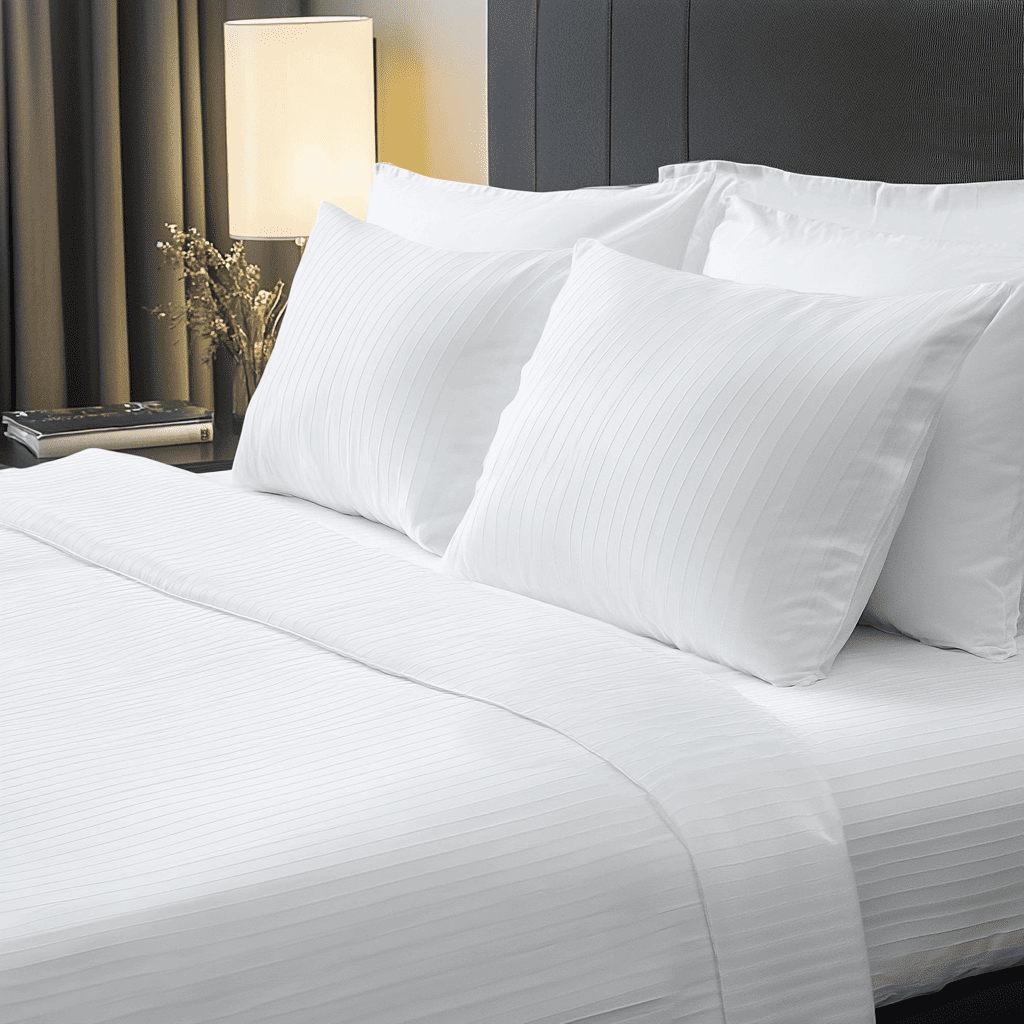 Weiße Hotelbettwäsche in feinen Längsstreifen auf einem Bett.
