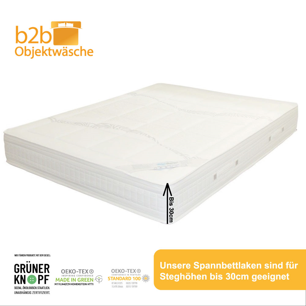 Matratze mit Kennzeichnung der maximalen Steghöhe von 30 cm für passende Spannbettlaken. Zertifikate wie Grüner Knopf und OEKO-TEX bestätigen die nachhaltige und geprüfte Qualität des Produkts.