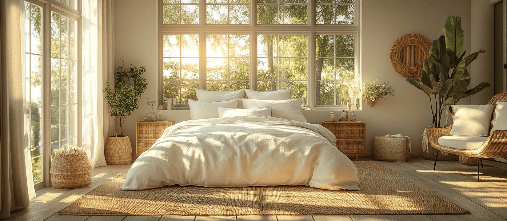 Helles und gemütliches Schlafzimmer mit einem großen Bett in hochwertiger Bettwäsche, durchflutet von warmem Sonnenlicht.