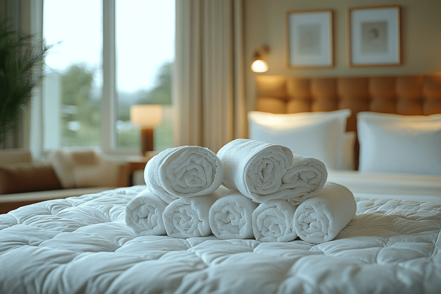 Luxuriöses Hotelzimmer mit elegant gefalteten, weißen Handtüchern auf einem weichen Bett.